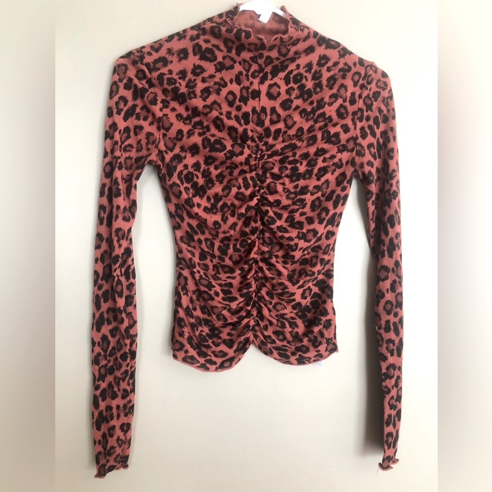 FREE PEOPLE Animal Print Gathered Tight Top Shirt Long Sleeve  XS